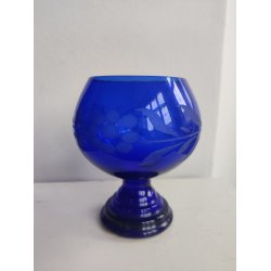 Smuk gammel, koboltbl� glassk�l/opsats med blomsterdekoration