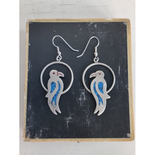 Vintage papeg�je �reringe i alpaca s�lv