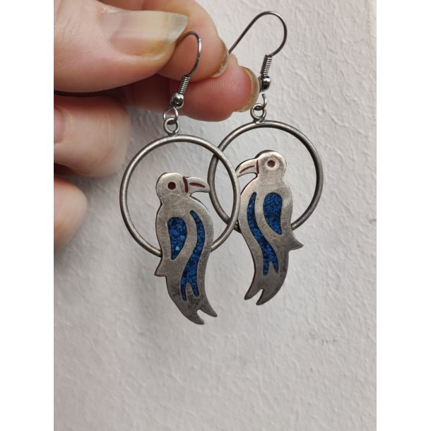 Vintage papeg�je �reringe i alpaca s�lv