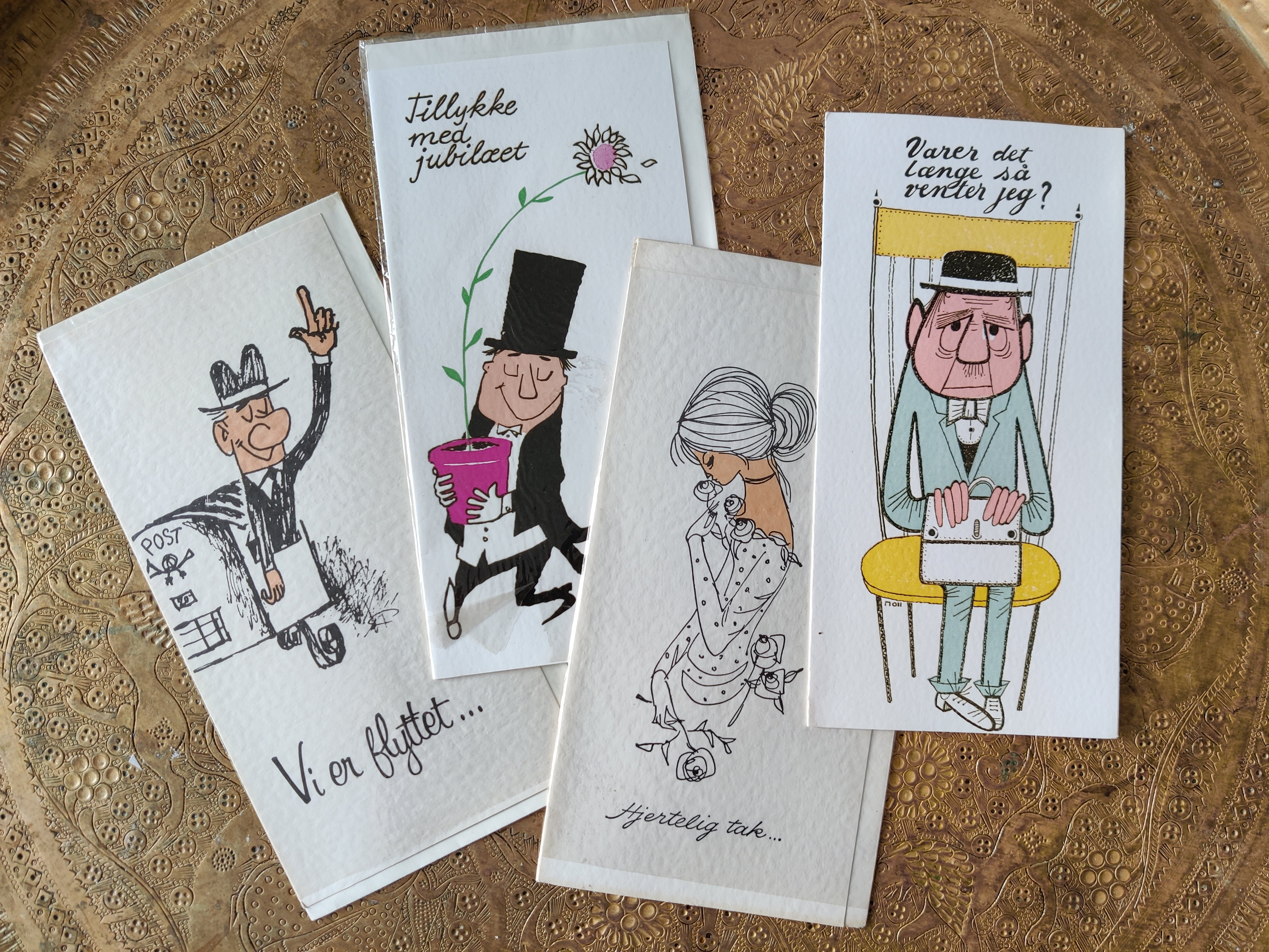 4 vintage postkort fra 1960'erne: Vi er flyttet, Tillykke med jubilet mfl.