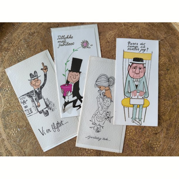 4 vintage postkort fra 1960'erne: Vi er flyttet, Tillykke med jubil�et mfl.