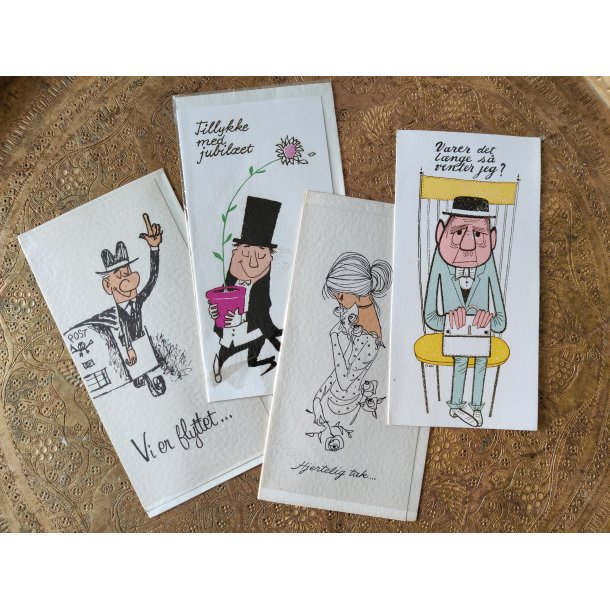 4 vintage postkort fra 1960'erne: Vi er flyttet, Tillykke med jubil�et mfl.