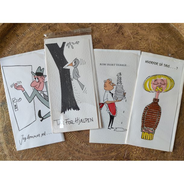 4 vintage postkort fra 1960'erne: Tak for hj�lpen, Kom snart igen mfl.