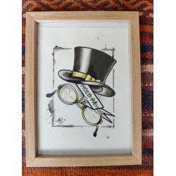 Hold p� hat og briller, org. tuschtegning/oliekridt