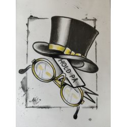 Hold p� hat og briller, org. tuschtegning/oliekridt