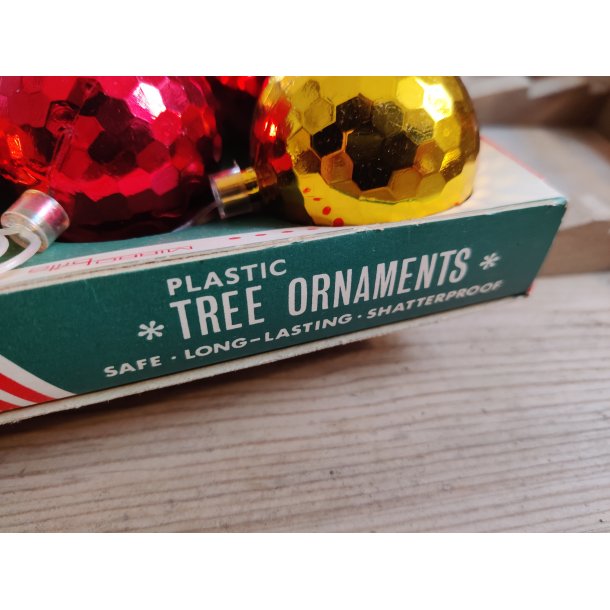 Vintage julekugler i plast, 18 stk disko guld/r�d