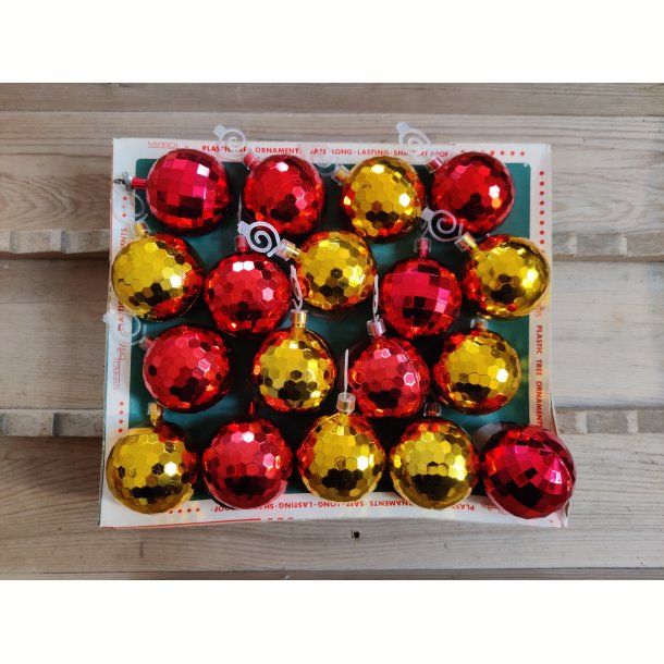 Vintage julekugler i plast, 18 stk disko guld/r�d