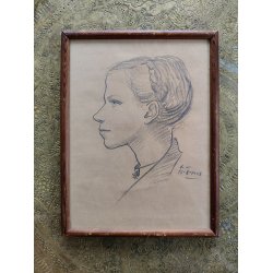 Original blyantstegning af ung pige i profil, 1948