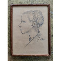 Original blyantstegning af ung pige i profil, 1948