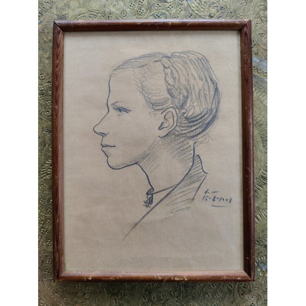 Original blyantstegning af ung pige i profil, 1948
