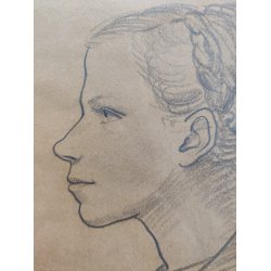 Original blyantstegning af ung pige i profil, 1948