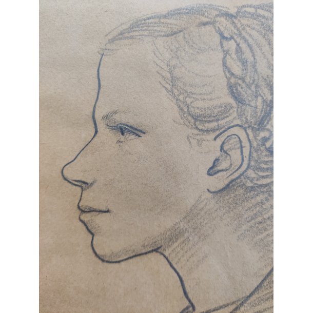 Original blyantstegning af ung pige i profil, 1948
