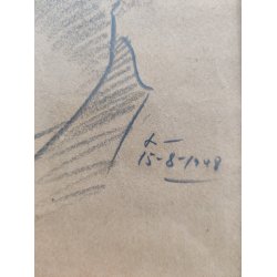 Original blyantstegning af ung pige i profil, 1948