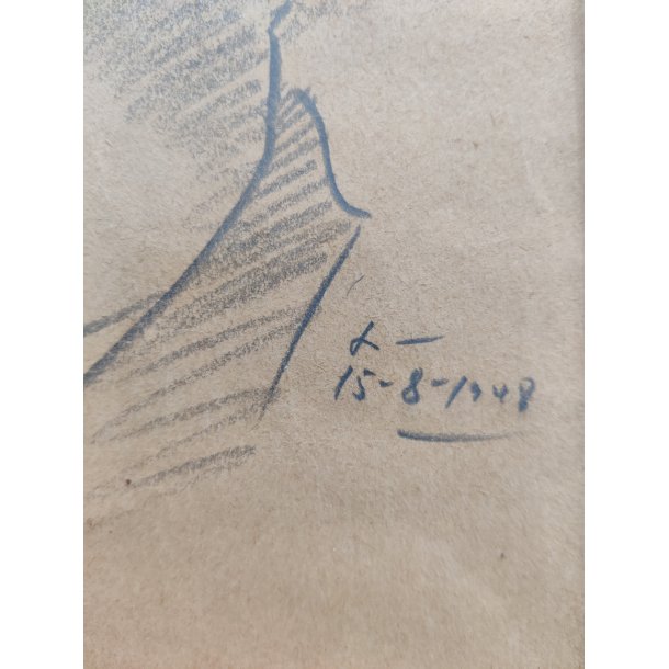 Original blyantstegning af ung pige i profil, 1948