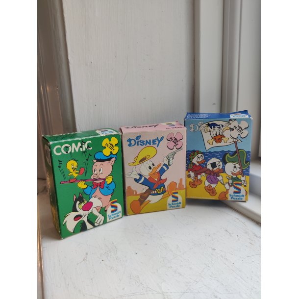Tre gamle mini puslespil, Disney og Warner brothers