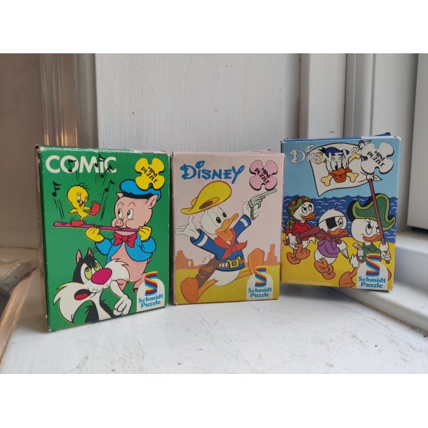 Tre gamle mini puslespil, Disney og Warner brothers