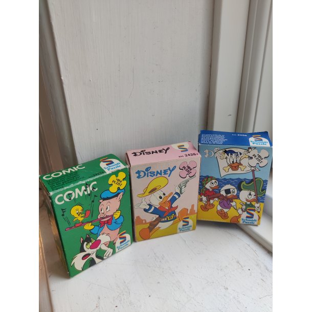 Tre gamle mini puslespil, Disney og Warner brothers
