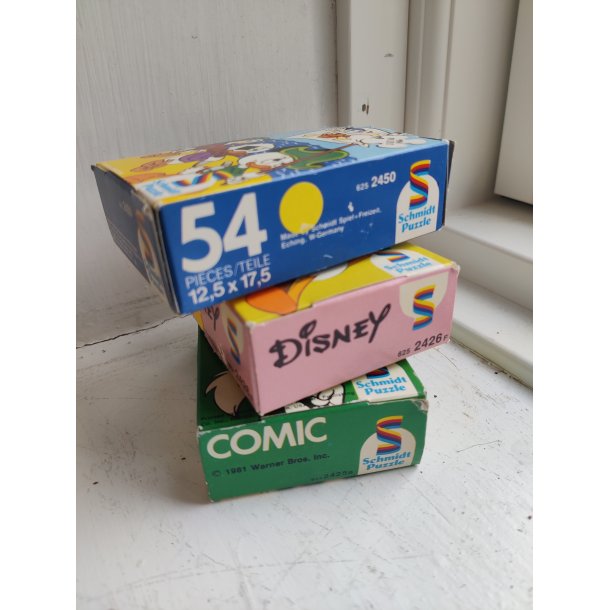 Tre gamle mini puslespil, Disney og Warner brothers