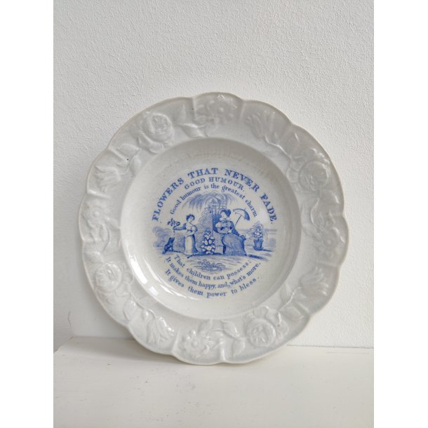 "Good humour". Antik engelsk b�rnetallerken, Flowers that never fade, ca. 1840. Bl�.