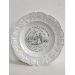 "Industry". Antik engelsk b�rnetallerken, Flowers that never fade, ca. 1840. Gr�n