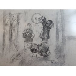 B�rn og snemand. Tryk af Hildegard Falk (1922-1998)