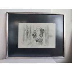 B�rn og snemand. Tryk af Hildegard Falk (1922-1998)