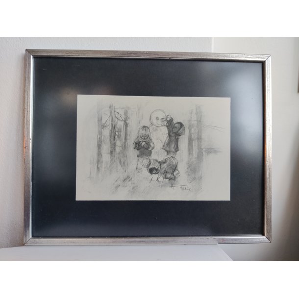 B�rn og snemand. Tryk af Hildegard Falk (1922-1998)