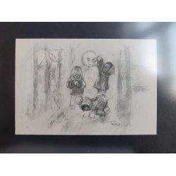 B�rn og snemand. Tryk af Hildegard Falk (1922-1998)