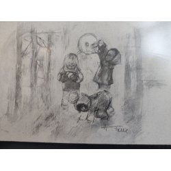 B�rn og snemand. Tryk af Hildegard Falk (1922-1998)