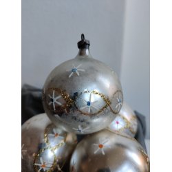 4 vintage julekugler, s�lv og glimmer 1950-1960