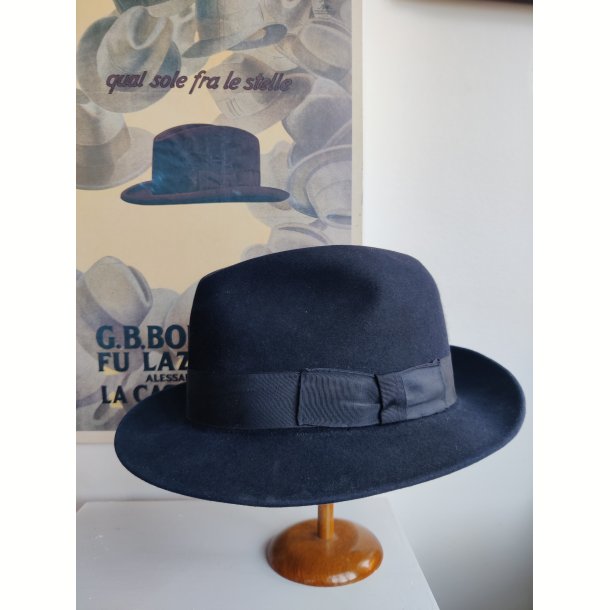 Vintage Borsalino herrehat, m�rkebl� fedora str. 6 1/2