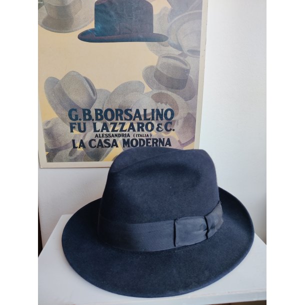 Vintage Borsalino herrehat, m�rkebl� fedora str. 6 1/2