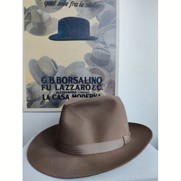Vintage Borsalino herrehat, lysebrun fedora str 5