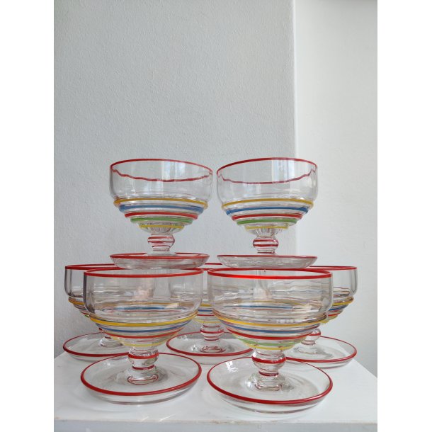 7 farverige glas dessertsk�le, 1930-1950