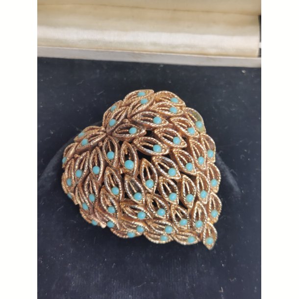 Gylden 1960'er broche med turkise miniperler