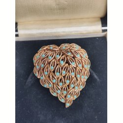 Gylden 1960'er broche med turkise miniperler