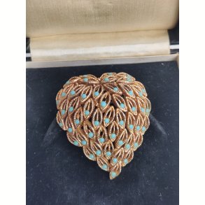 Gylden 1960'er broche med turkise miniperler
