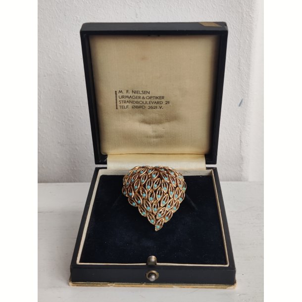 Gylden 1960'er broche med turkise miniperler