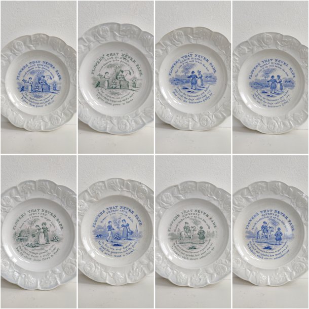 "Kindness". Antik engelsk b�rnetallerken, Flowers that never fade, ca. 1840. Gr�n.