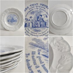 "Industry". Antik engelsk b�rnetallerken, Flowers that never fade, ca. 1840. Gr�n