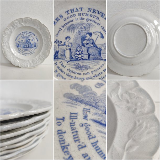 "Industry". Antik engelsk b�rnetallerken, Flowers that never fade, ca. 1840. Gr�n